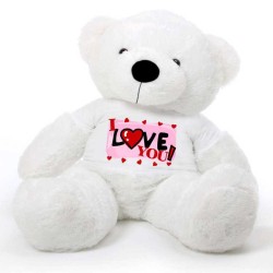 White 5 feet Big Teddy Bear wearing a I Love You T-shirt